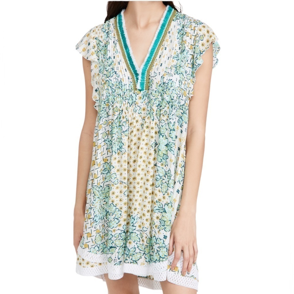 Poupette St Barth- White and Teal Floral Sleeveeless Fringe VNeck Mini Dress